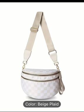 Beige Plaid Half Moon Crossbody Bag with Wide Strap
